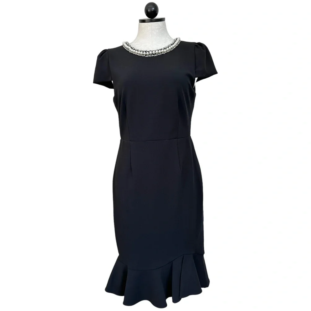 Betsey Johnson Black Dress Pearl Fringe Collar Black Cap Sleeve Ruffle Hem Sz 8 - Picture 3 of 16